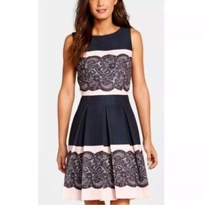 Tahari Arthur S. Levine Lace Print Pink & Black Pleated Fit & Flare Dress sz 14